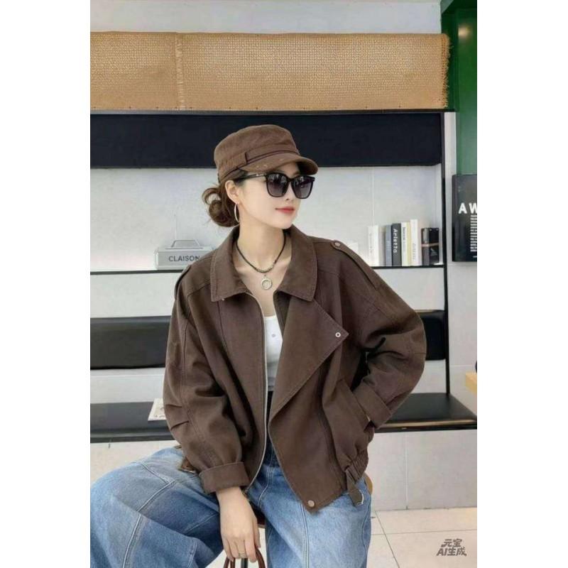 Womens Vintage Motorcycle Denim Jacket Loose Fit Casual Chic With Belted Waist Fall Style
