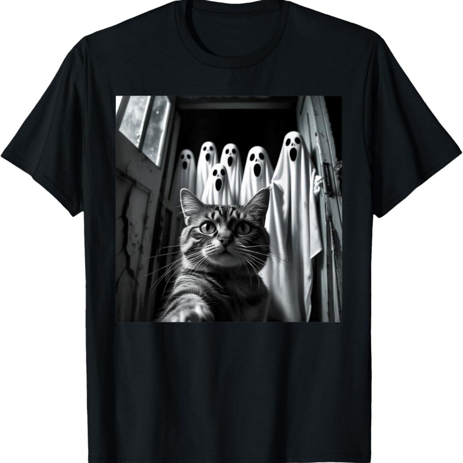 Funny Cat Selfie with Ghost Scary Halloween Meme T-Shirt S