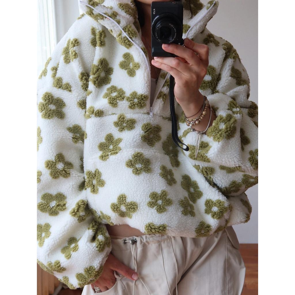 2025 Winter Autumn Women's Fleece Floral Sweatshirt Fashion Warm Fuzzy Pullover Top