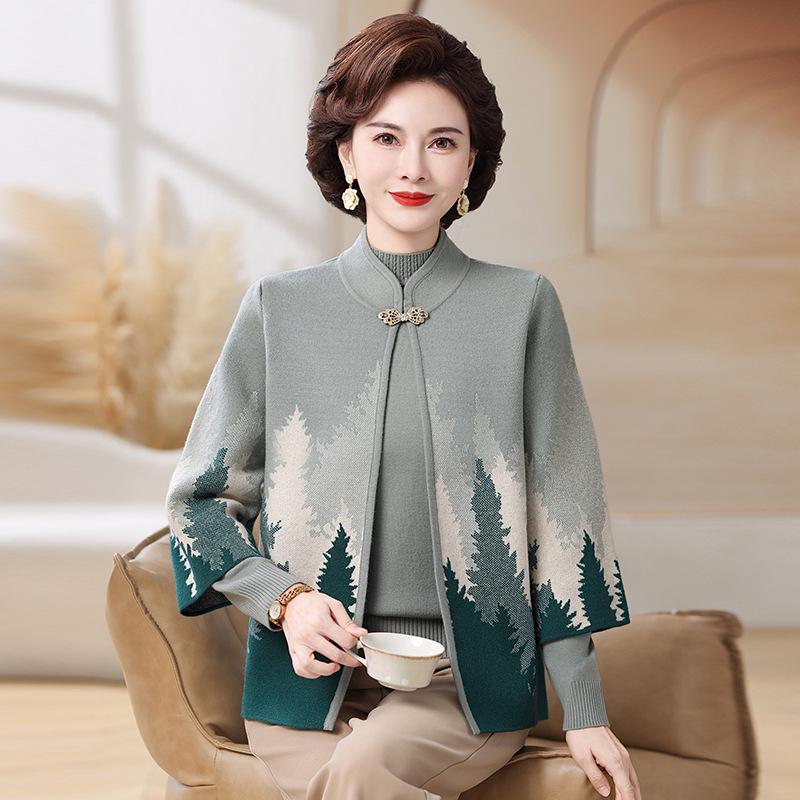 Mom’s Chinese Style Knit Cardigan Set for Autumn & Winter - Elegant Fashion for Middle-Aged and Elderly Women