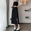 Women's Black High-Waist A-Line Midi Skirt - Slim-Fit Suit Skirt with Side Slit - Korean Style for Spring/Summer