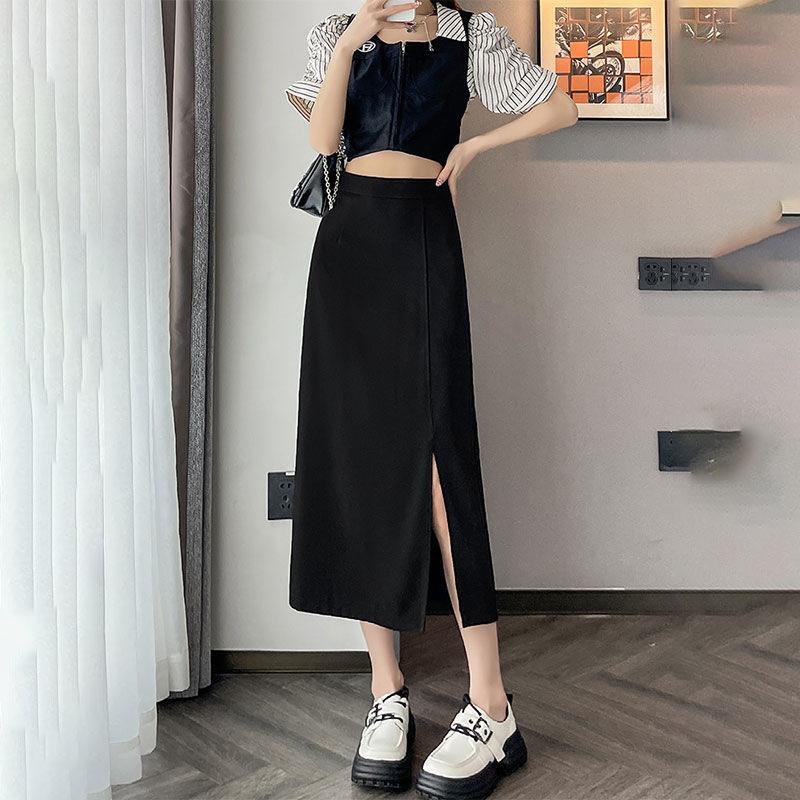 Women's Black High-Waist A-Line Midi Skirt - Slim-Fit Suit Skirt with Side Slit - Korean Style for Spring/Summer