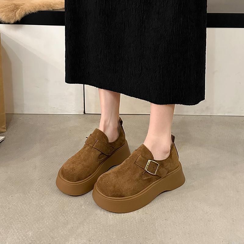 Fashion Women's Fashion Thick Sole Single Shoes Spring New Round Head Suede Metal Buckle Anti-slip Wear-resistant Flat Shoes