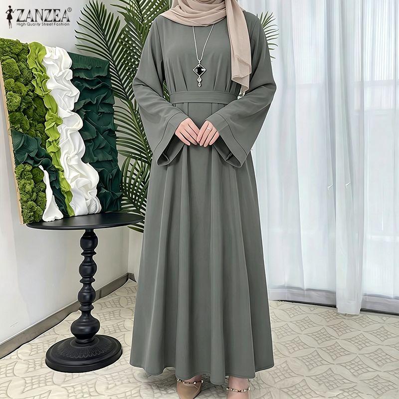 ZANZEA Women Casual Round Neck Solid Color Long Sleeve Loose Muslim Dress