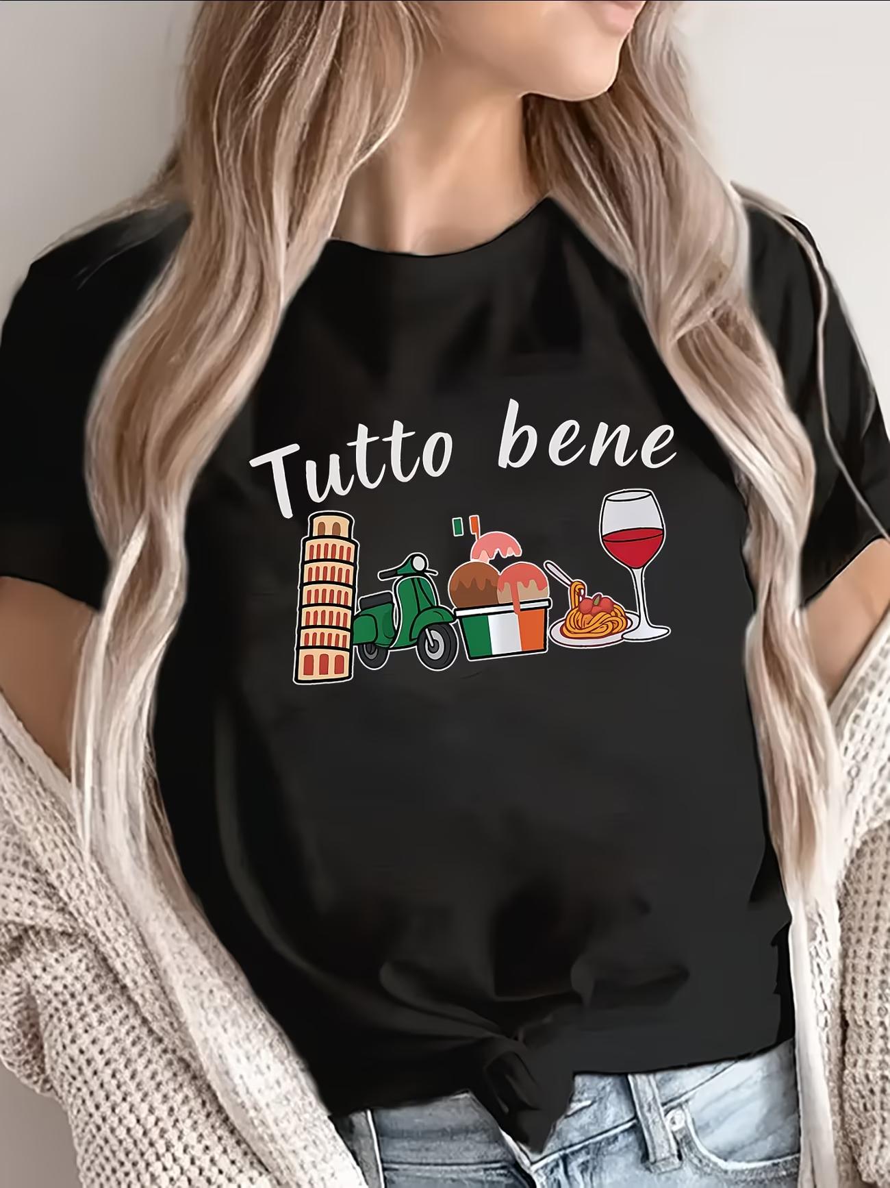 Tutto Bene Italy T Shirt Women Italian Vacation Graphic Tee Funny Pisa Tower Gelato Wine Print Summer Short Sleeve Travel Top S