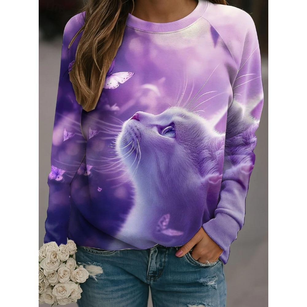 Tops for Women Cat Print Round Neck Long Sleeve T-shirt Fall Casual Slim Pullover Women's Long Sleeve Top