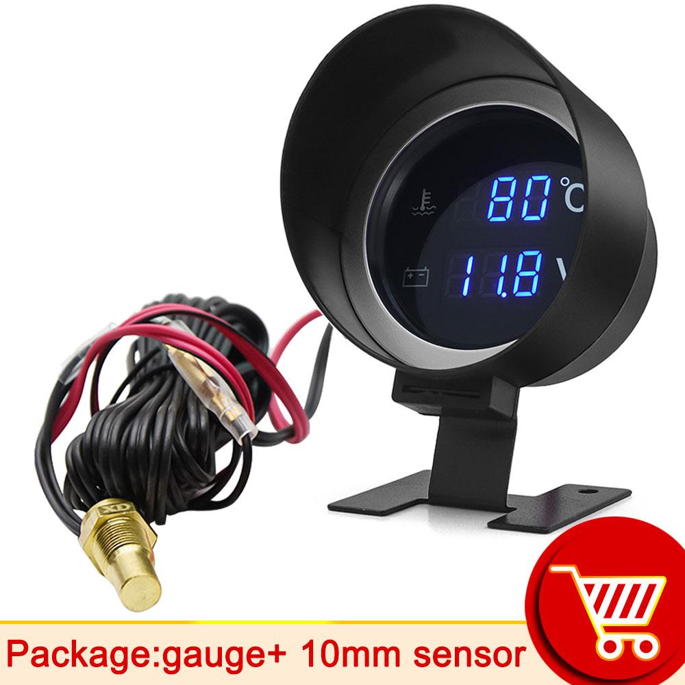 Car Digital Led Water Temperature Gauge -10-110 Celsius With Water Temp Joint Pipe Sensor 10MM Adapter 1/8NPT Voltmeter 2 IN 1