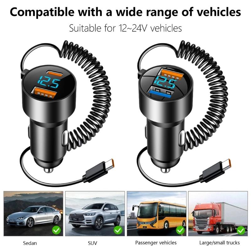 High Speed Charging Car Adapter Double Port Car Power Supply Equipped Type C Coiled Cord for Efficient Charging