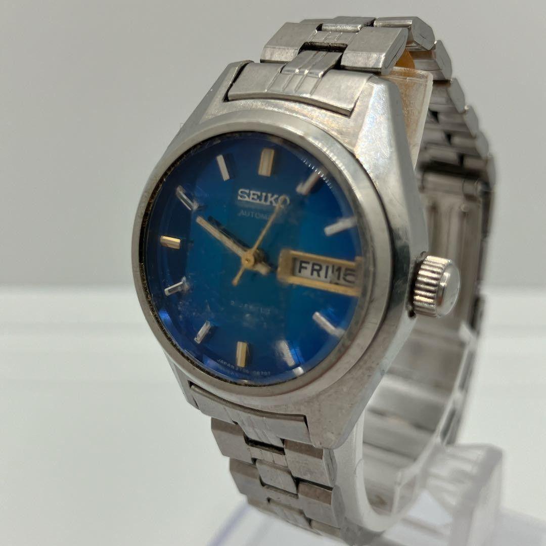 Used Working item Ladies SEIKO automatic watch Day-Date cut glass blue dial