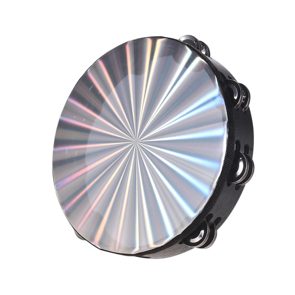 8/10 In Wooden Radiant Tambourine Handbell Hand Drum with Double Row Jingles Reflective Drum Head Musical Percussion Instrument