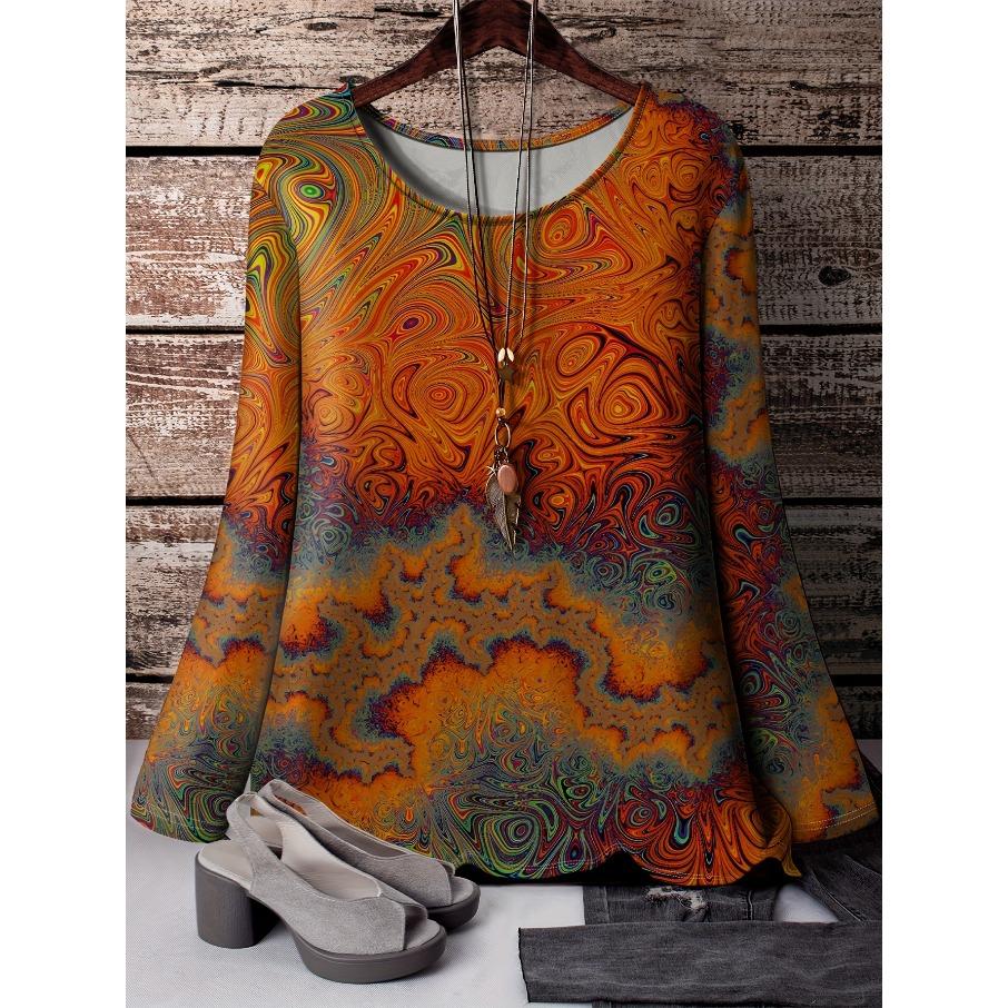 Women Fashon Polyester Comfortable T Shirts Sports Grid 3D Print Loose Round Neck Long Sleeve T-shirt Top