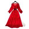 French light luxury fashion diamond-encrusted V-neck bat sleeve strap waist dress women's thin temperament chiffon long skirt