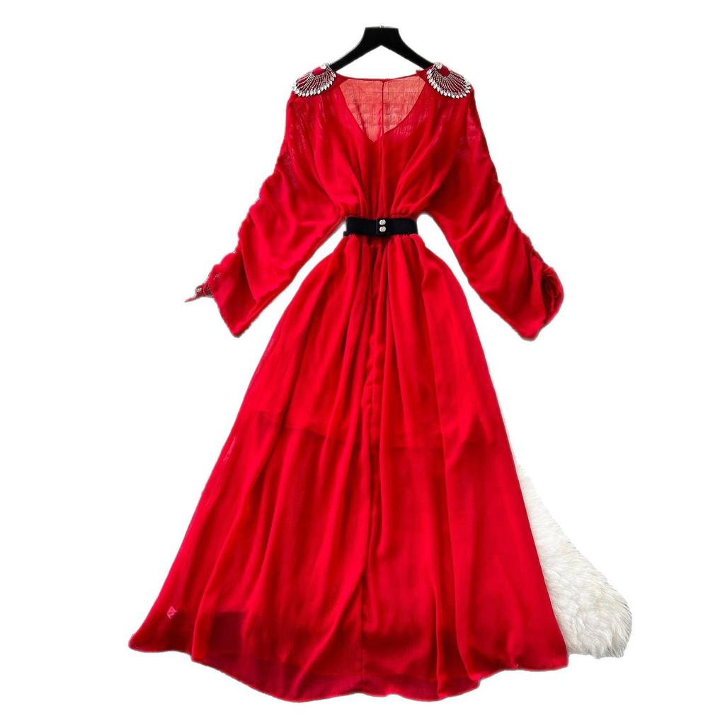 French light luxury fashion diamond-encrusted V-neck bat sleeve strap waist dress women's thin temperament chiffon long skirt