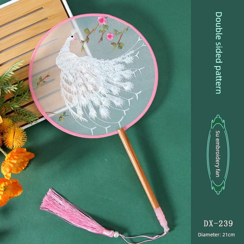 Antique Embroidery Circular Fan Chinese Style Cheongsam Fan Women's Double-Sided Embroidered Transparent round Long Handle Ancient Chinese Clothing