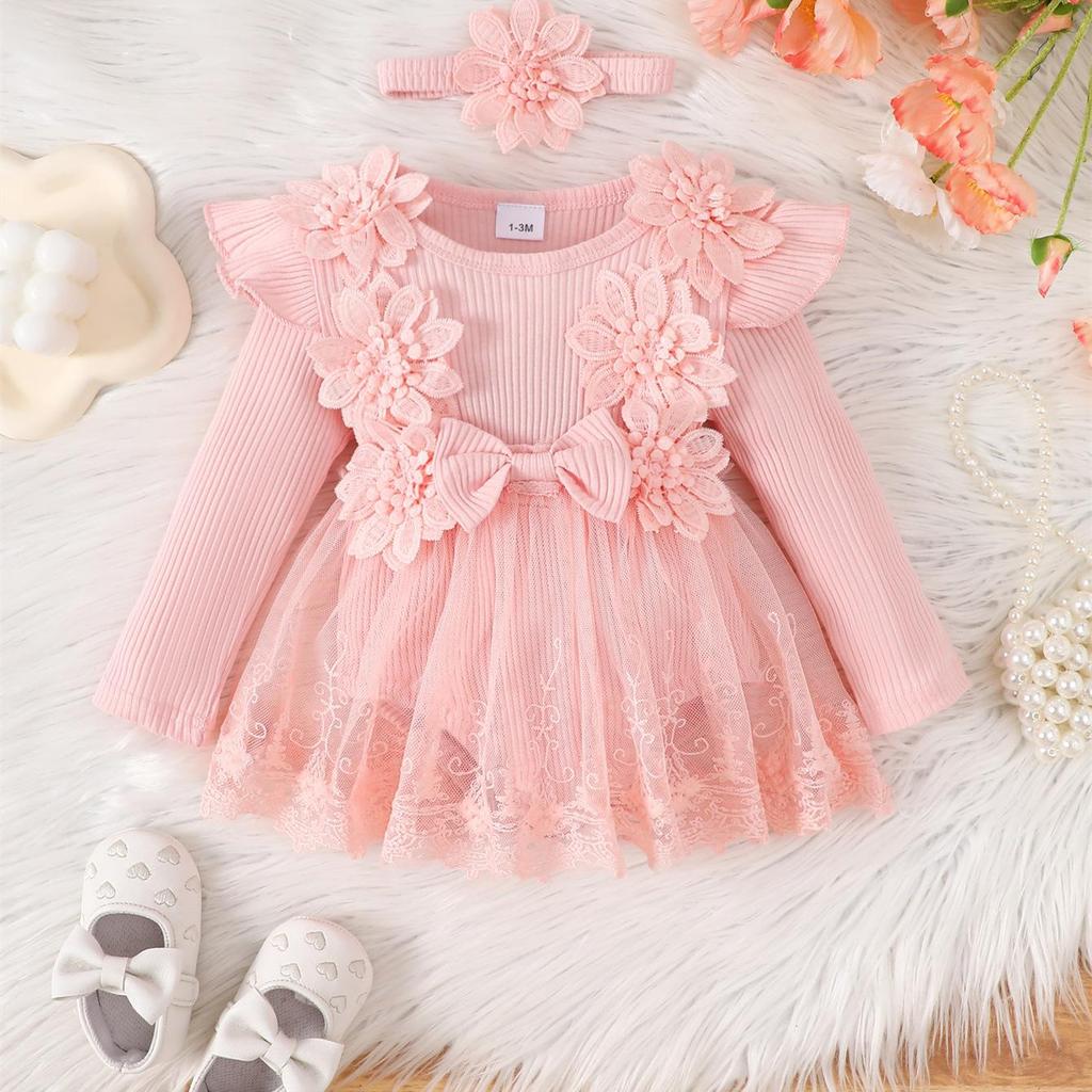 3D Flower Summer Baby Girls Romper Princess Mesh Newborn Clothes Lace Patchwork Ruffle Bodysuit Dress Headband Kids Clothing