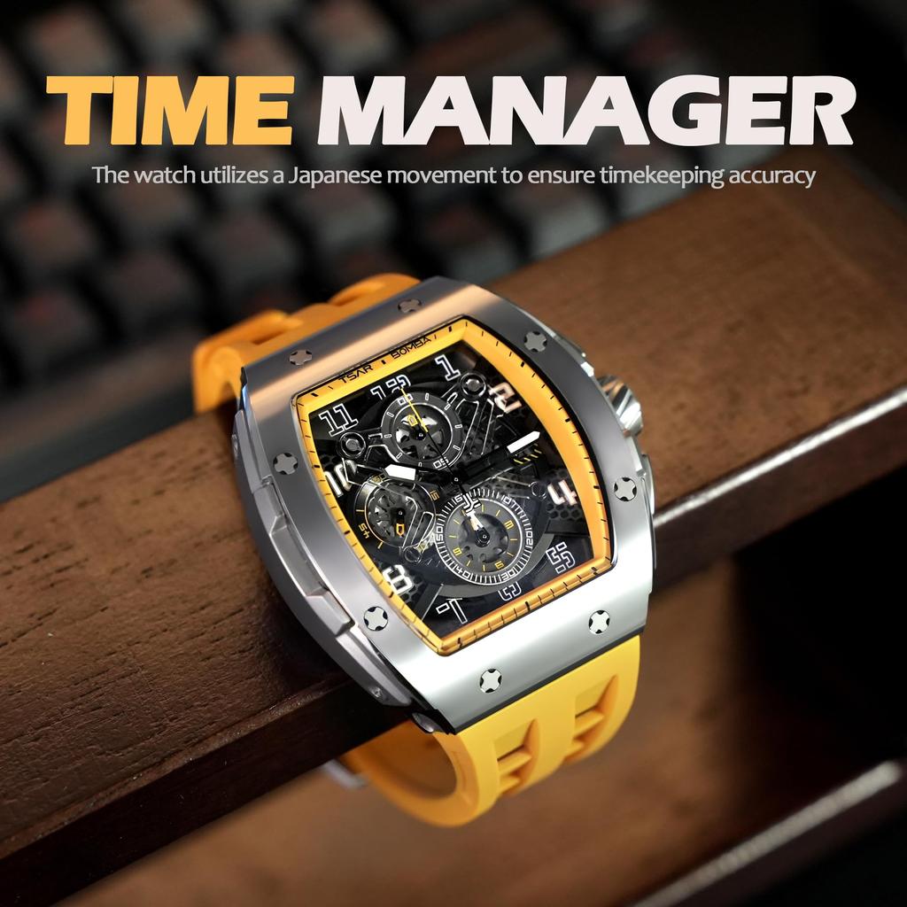 TSAR BOMBA Men's Watch 50M Water-Resistant Minimalist Tonneau Dial Sapphire Crystal Silicone Strap Japanese Movement