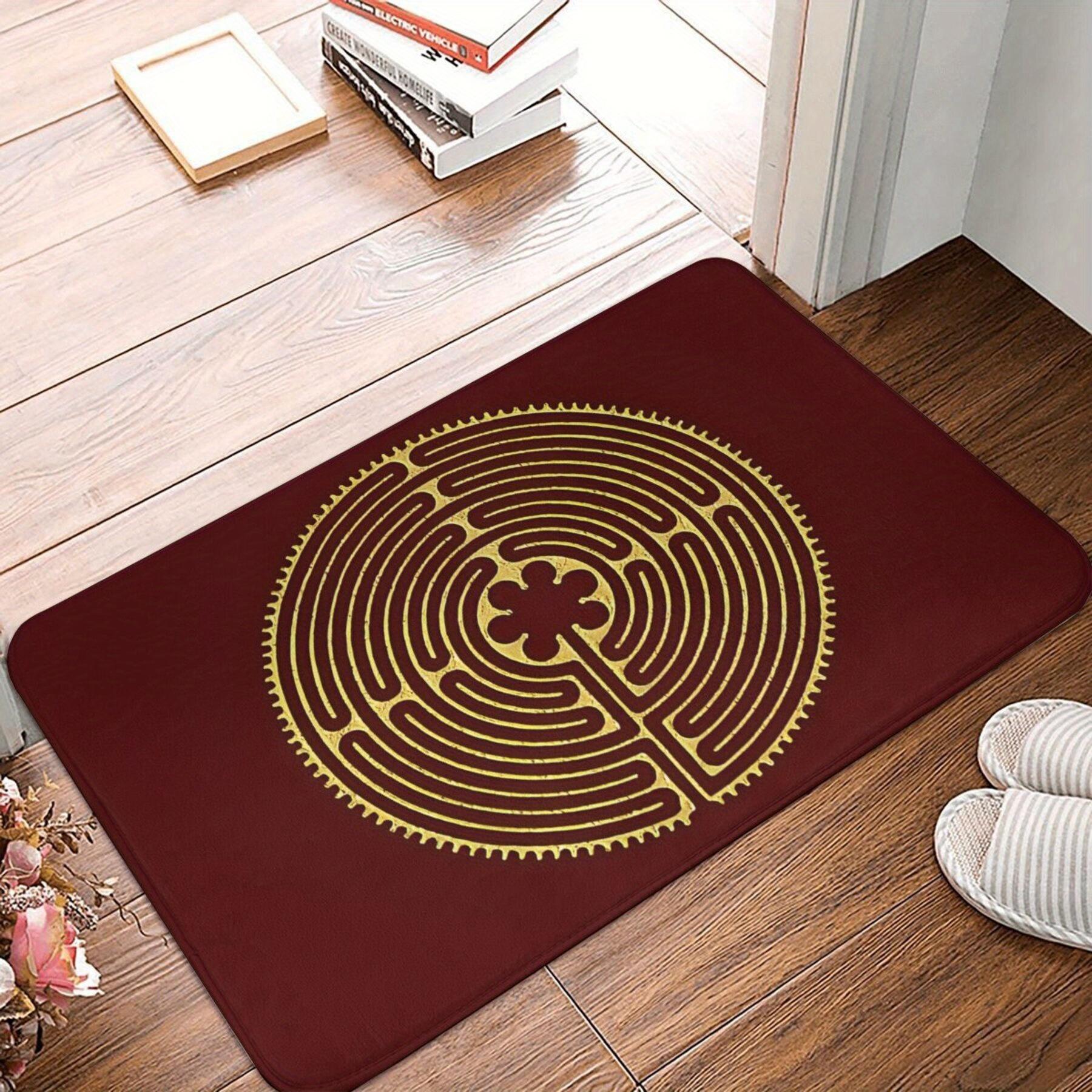 

Circular Labyrinth Pattern Doormat, Gold Geometric Maze on Deep Red Background, Polyester Floor Rug for Indoor Home Decor 40x60cm