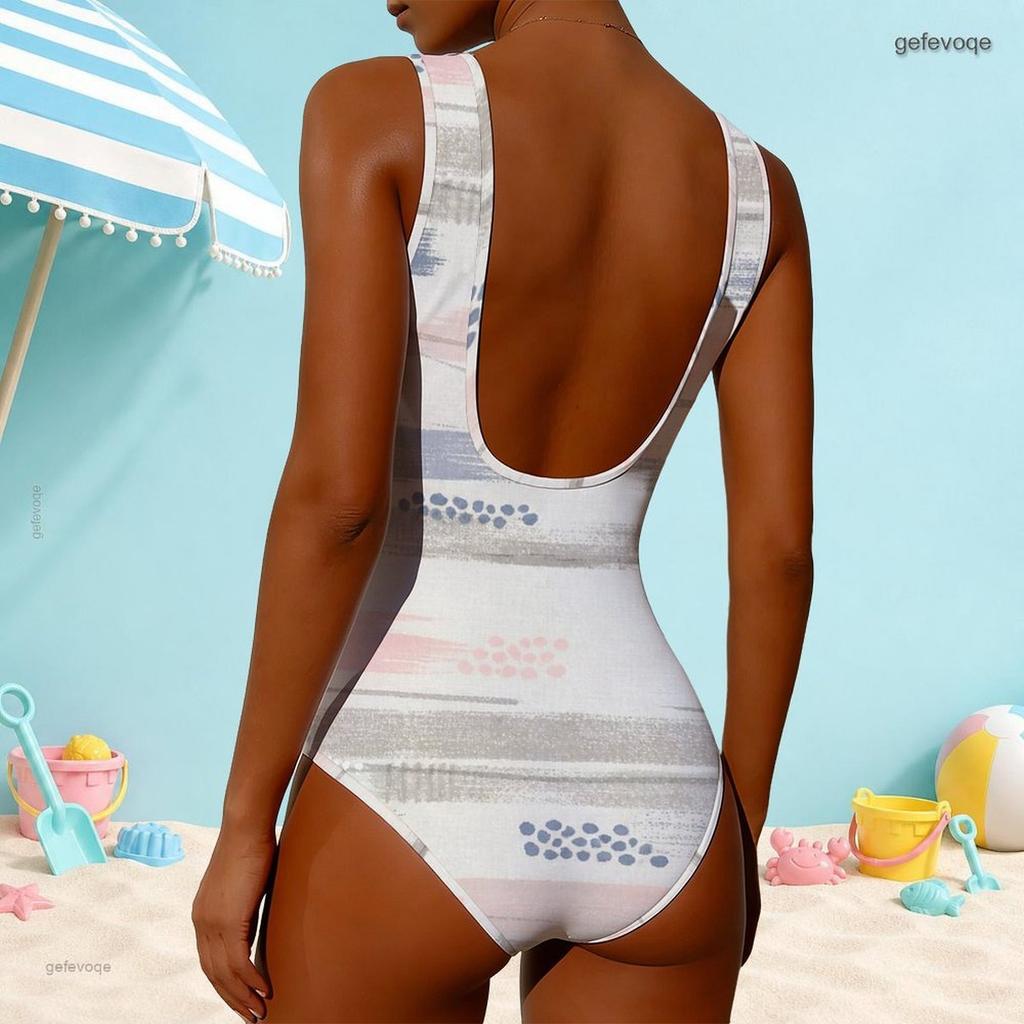 Women Plus Size High Round Neck Sleeveless Printed One Piece Swimsuit