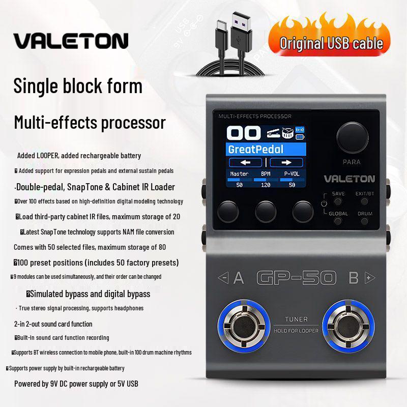 Pedaliera Multi-Effetti per Chitarra Elettrica Valeton GP-50: Simulatore di Amplificatore, Scheda Audio, Batteria Elettronica, Pedaliera.