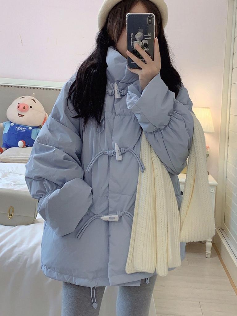 Women's Winter Korean Style Buckle Coat Cotton Padded Jacket with Fleece Lining