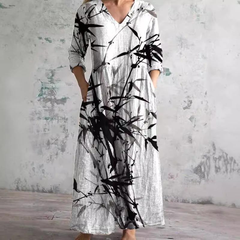 Women's Loose Printed Dress Autumn Multi Colored V-neck Long Sleeved Casual Dresses