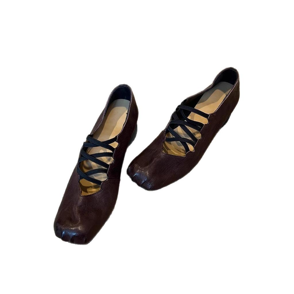 Sheepskin Version~ Retro Niche Cross-strap Single Shoe Pleated Leather Square Head Pig Nose Shallow Mouth Ballet Shoes Women