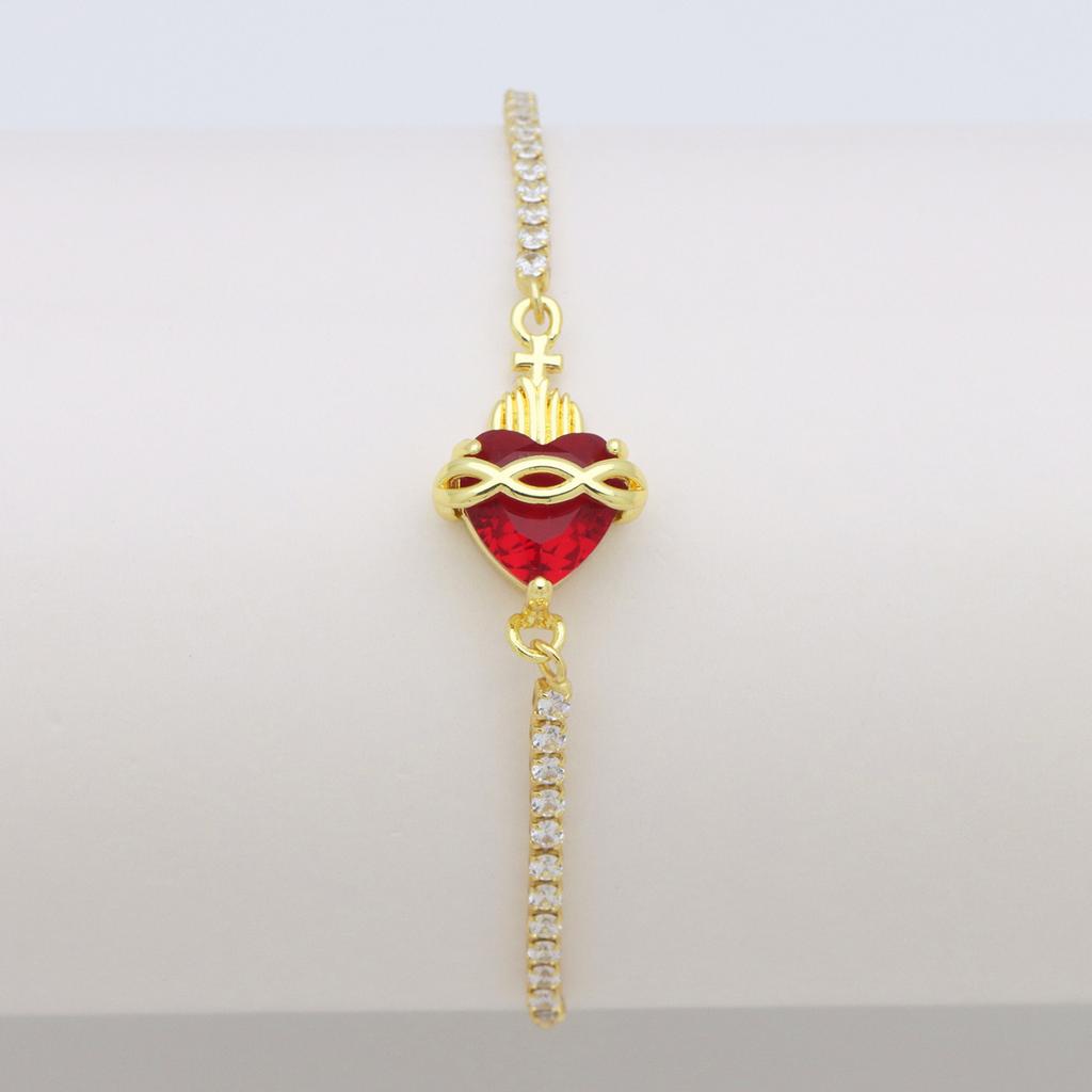 Herzförmige Liebe Kupferplattiertes Farbiges Zirkonium Pfirsichherz, Ein Schwert, das das Herz durchbohrt, kann das Zirkon-Box-Armband ziehen und verstellen.