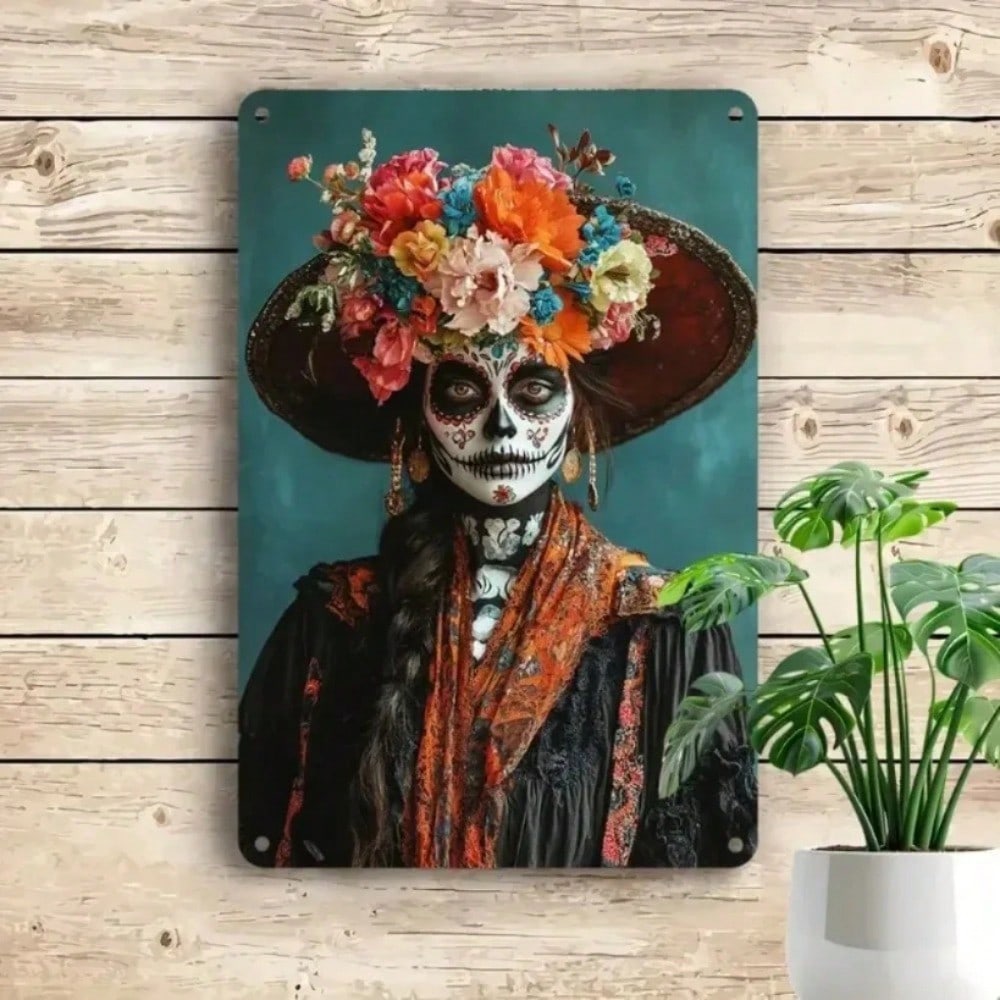 

1pc Retro Dia De Los Muertos Metal Sign, Aluminum Wall Art Poster For Home Farmhouse Kitchen Decor 20x30 різнокольоровий