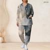 Women Plus Size Abstract Printed V Neck Long Sleeve Nurse Scrub Set With Pockets Two Piece