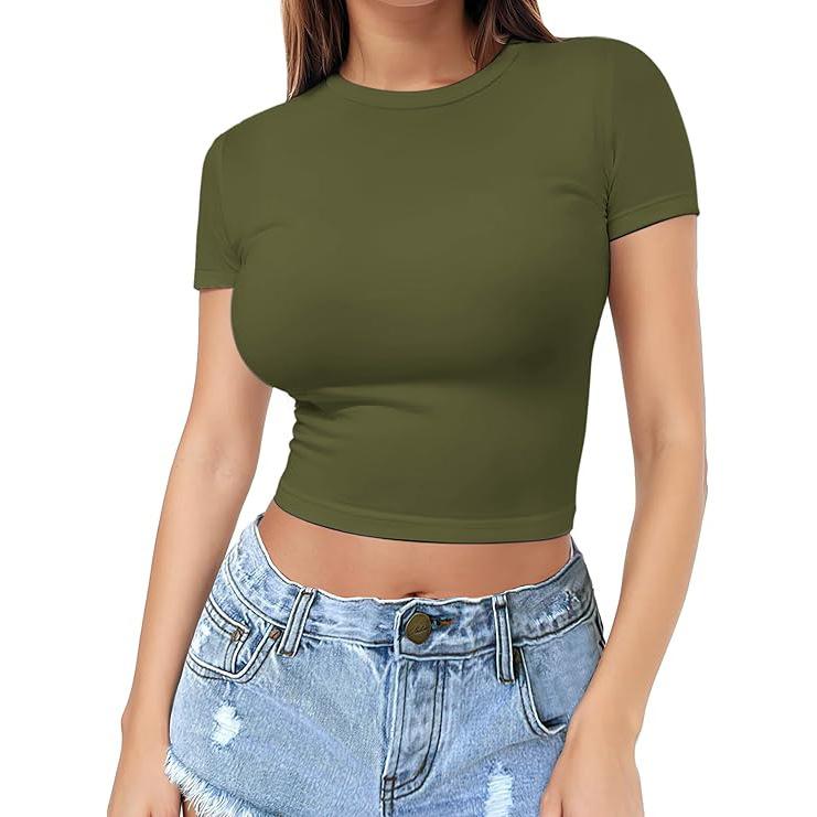 Women Crop Top Short Sleeve Crew Neck Summer Basic Tee Shirts Slim Fit Tight Y2K Going Out Tops Outfits