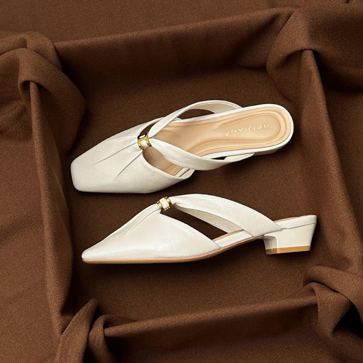 

Square head half-drag Muller shoes low heel 2025 summer new super foreign style square head beige outside wearing cool slippers women 35