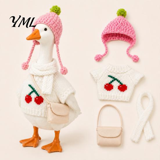 Polyester Goose Outfit 7 Inch Desk Outfits, 4 Pcs Knitted Sweater Hat Scarf Tabletop Clothes Crossbody Bag Winter Holiday Accessory for Office, Shelf,