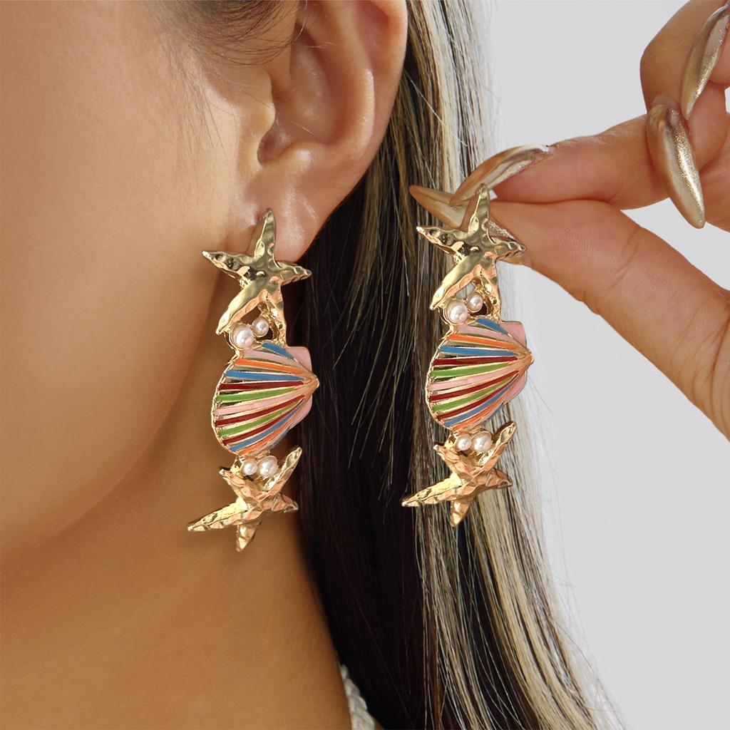 Boho Ocean Theme Cute Ceramic Fish Drop Earrings For Women Textured Starfish Red Coral Stacked Earring Beach Vacation Jewelry