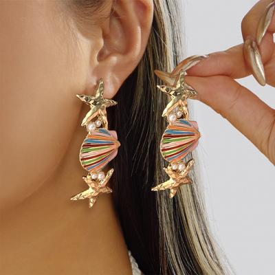 Zomer Strand Zeester Schelp Parel Drop Oorbellen voor Vrouwen Boho Kleurrijk Emaille Oceaan Dangle Oorbellen Vakantie Sieraden Accessoires