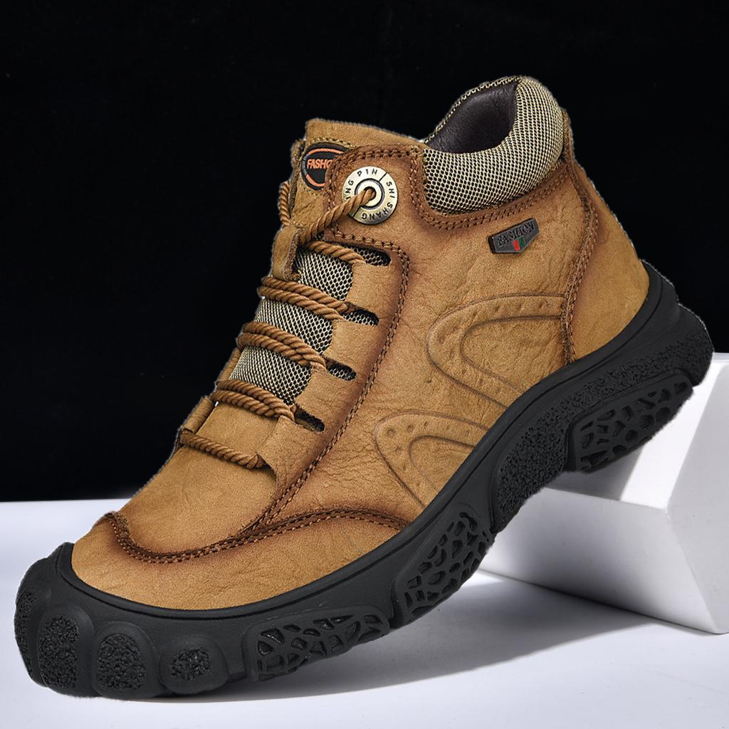 Fashion Outdoor Men's Boots Brown Leather Casual Shoes Waterproof Hiking Shoes Warm Winter Boots for Men High Top Platform Snow Boots