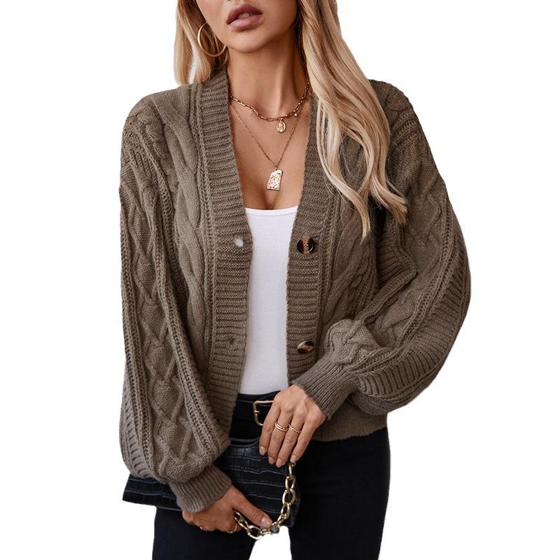 Retro Solid Color Cable Knitted Cardigan Women's Autumn Loose Button Open Cardigan Sweater Jacket