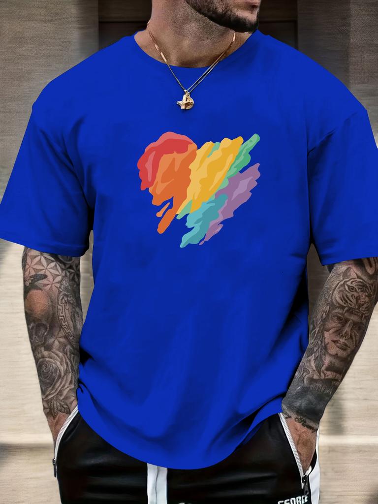 Mens Casual Tshirt Rainbow Heart Print Short Sleeve Round Neck Breathable Soft Oversized Vibrant Daily Wear Tee