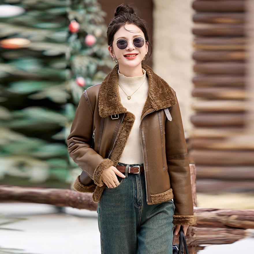 

Модное пальто-локомотив из искусственной овечьей шерсти, женское зимнее новое трендовое крутое меховое пальто-куртка XL хаки