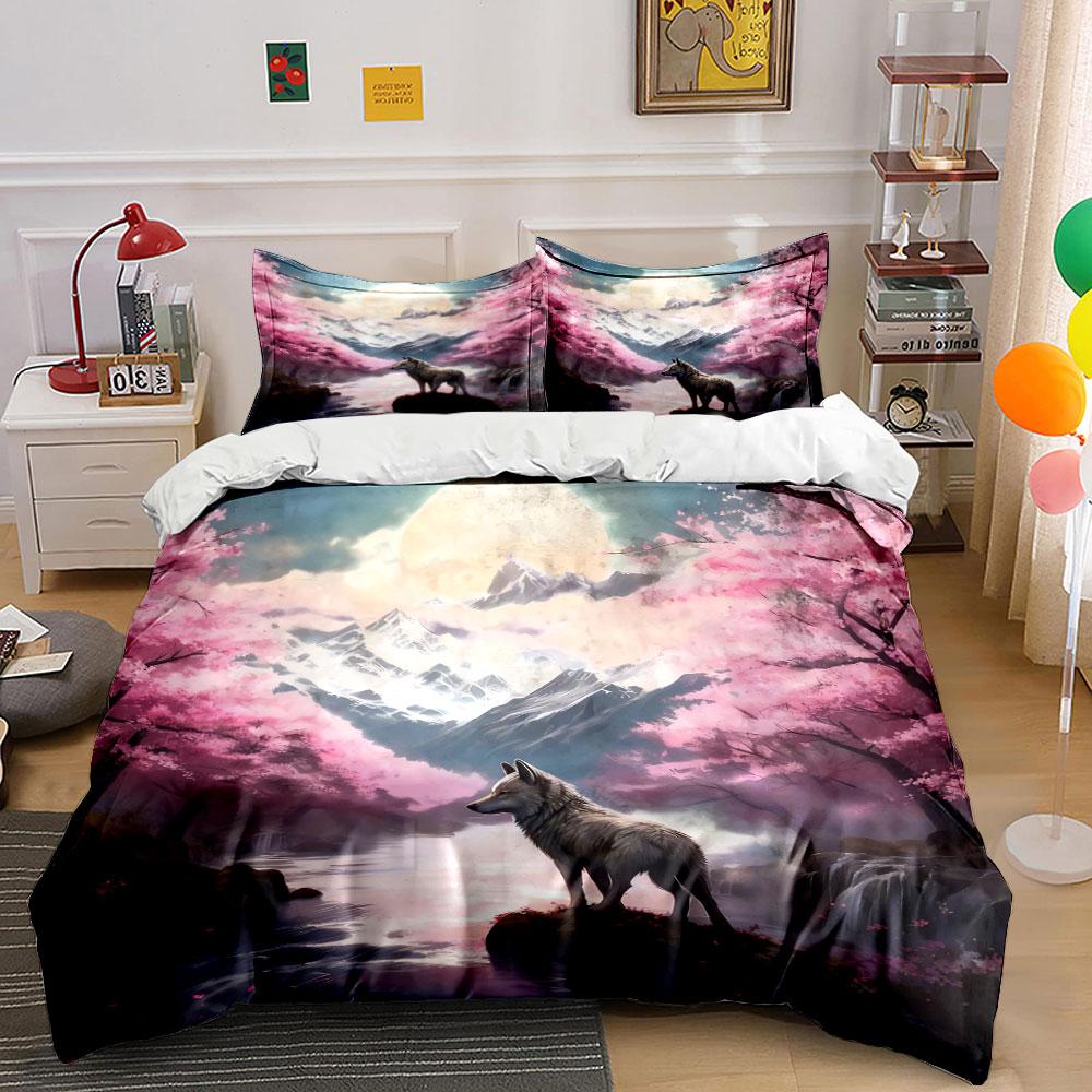 Wolf Sakura Mountain Art Decor Soft Comfortable Duvet Cover Bedding Set Included 1*Duvet Cover & 2*Pillowcases, Gift