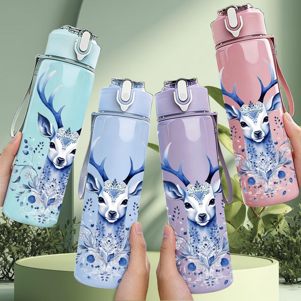 1PC Winter Snow Deer Stag Pattern 750ml Color Plastic Sports Water Bottle Leakproof Flip Straw Lid Suitable for Sports Office Home Use