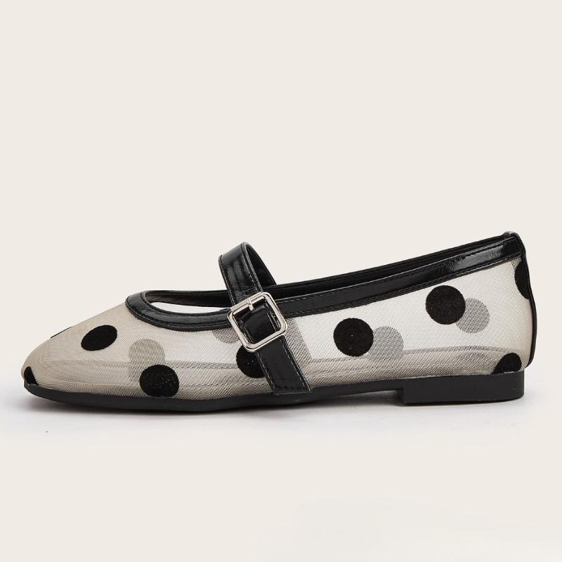 Fashion Fashion Shallow Flat Sandals Women Breathable Mesh Black Polka Dot Ballet Flats Comfortable Round Toe Plus Size Mary Jane Shoes