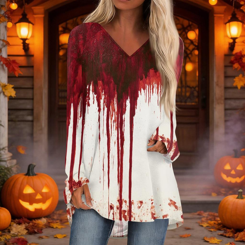Women's Casual Long Sleeve V-Neck Print Tunic Top for Fall