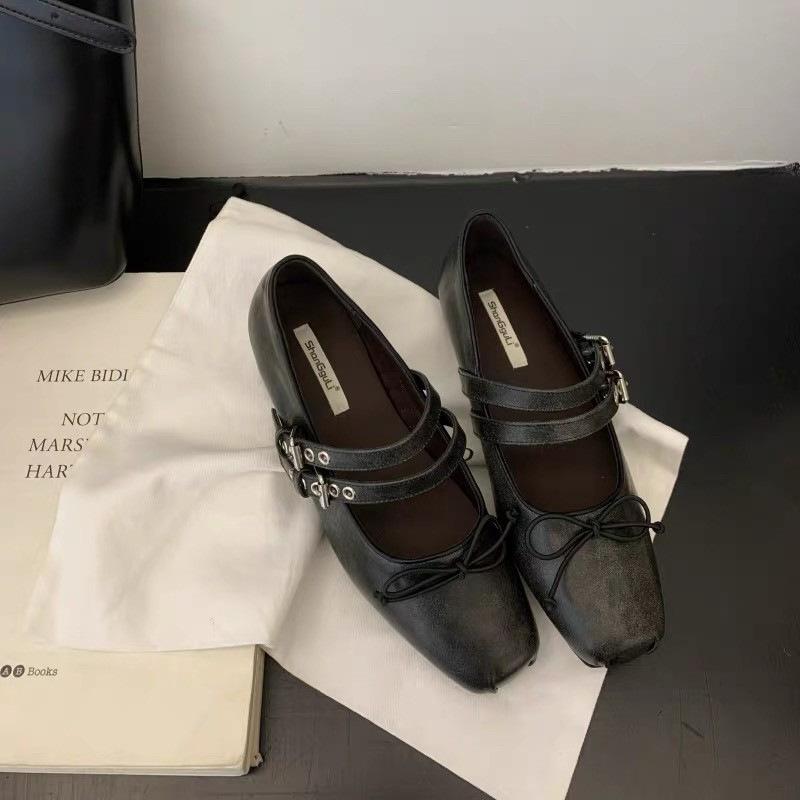 Französische Schuhe mit eckiger Spitze, flachem Ausschnitt und flacher Sohle für Damen, 2025 neu, retro mit Schleife, Mary Jane Schuhe, kleine Lederschuhe