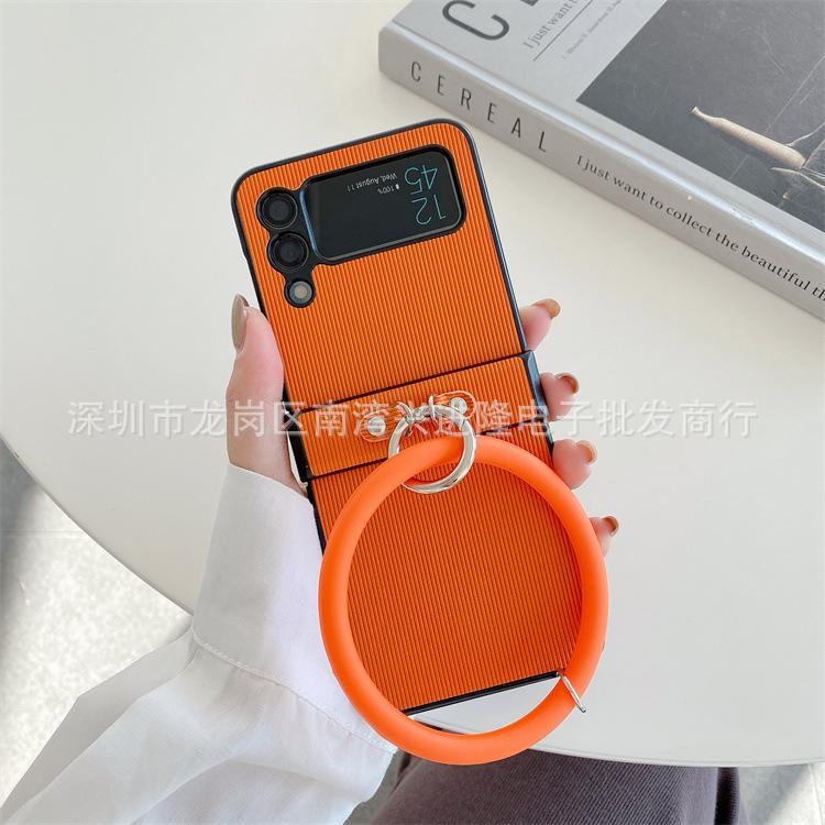 Applicable To Samsung ZFlip3 Mobile Phone Case Solid Color Twill Hand Hanging Ring Zflip4 Japanese and Korean Back Cover Integrated Hard Prot
