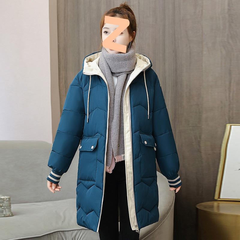 Winter lässige Damen mittellange Kapuzen-Baumwolljacke, lockere Baumwollkleidung, farbblockierte Brotjacke, gesteppte Jacke