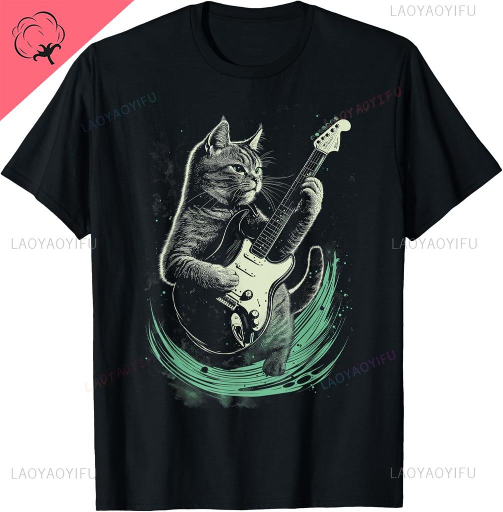 Cat Playing Guitar Rock Star Rock and Roll for Men Women T-Shirt Print Original Design Gifts T Shirts Camiseta Hombre