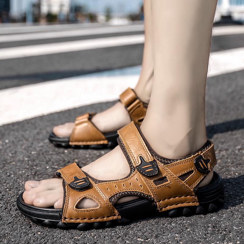 Men'S First Layer Cowhide Fashionable Trendy Comfortable Open-Toe Sandals Breathable Non-Slip Beach Sandals