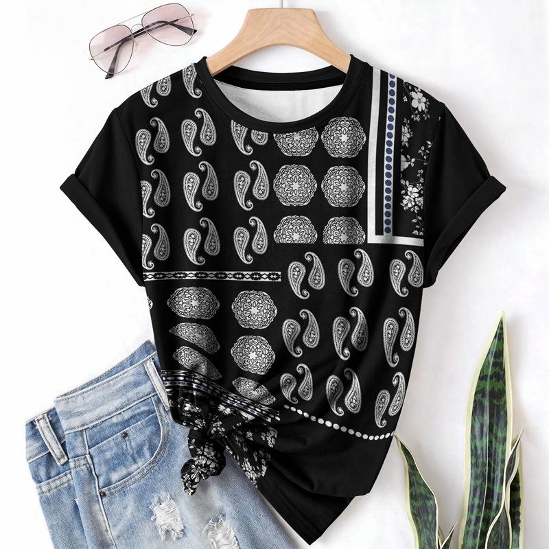 Summer Round Neck Short Sleeved Women's T-shirt with 3D Element Pattern Loose Breathable Lightweight Fabric Shirt