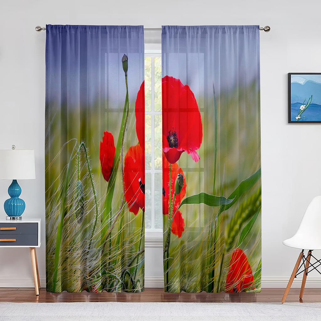Poppy Flower Red Floral Sheer Voile Curtains for Living Room Bedroom Kitchen Tulle Window Curtain Home Decoration Chiffon Drapes