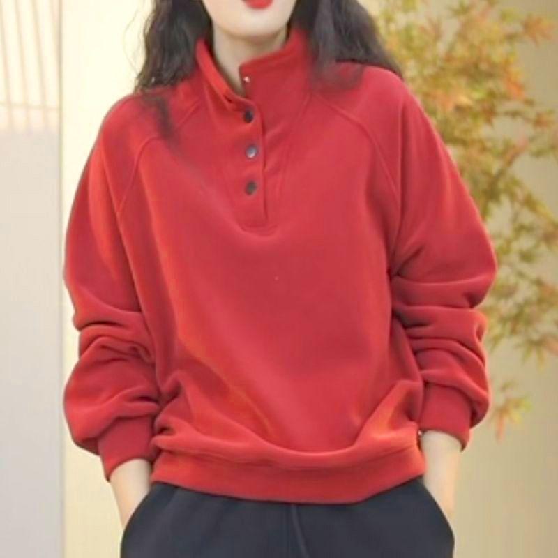 

Двусторонний немецкий бархат Осень Зима Новый Теплый Свитшот с полувысоким воротником Повседневный Универсальный Свободный Однотонный Топ L красный